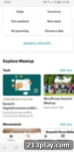 Meetup App interface showing event listings for various local activities