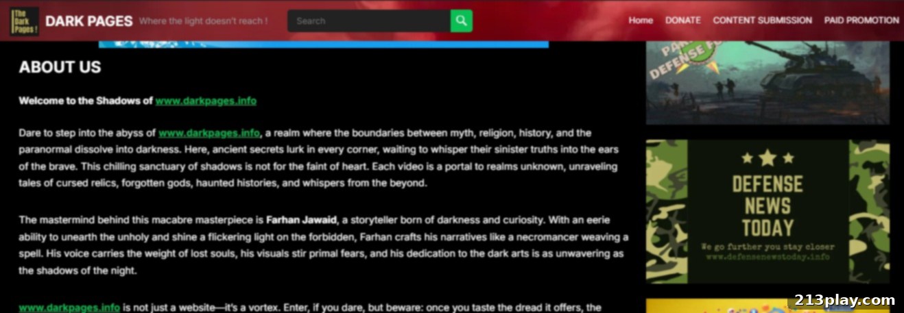 Dark Pages: Deconstructing Digital Lore 3 Dark Pages About Us Section, detailing their mission to explore mythology and supernatural topics.