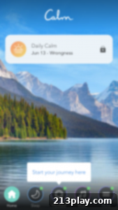 Calm app screen showing a guided meditation session with a serene background.