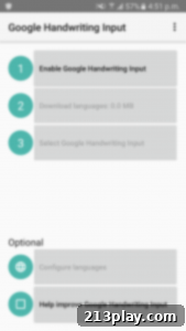 Google Handwriting Input on a mobile device, showing a user writing on the screen.