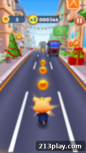 Cat Runner game screenshot showing a cat running through a vibrant cityscape.