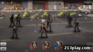 The Walking Dead: Road to Survival Game Screenshot - Survivors engaging in combat against walkers